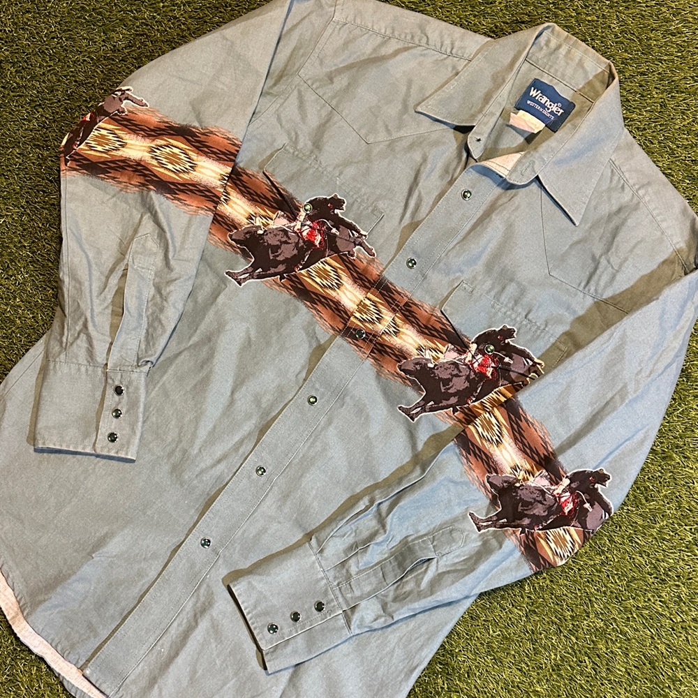 RARE VTG Wrangler Pearl Snap Men's Bullriding Shirt - Light Blue Western 80s 90s